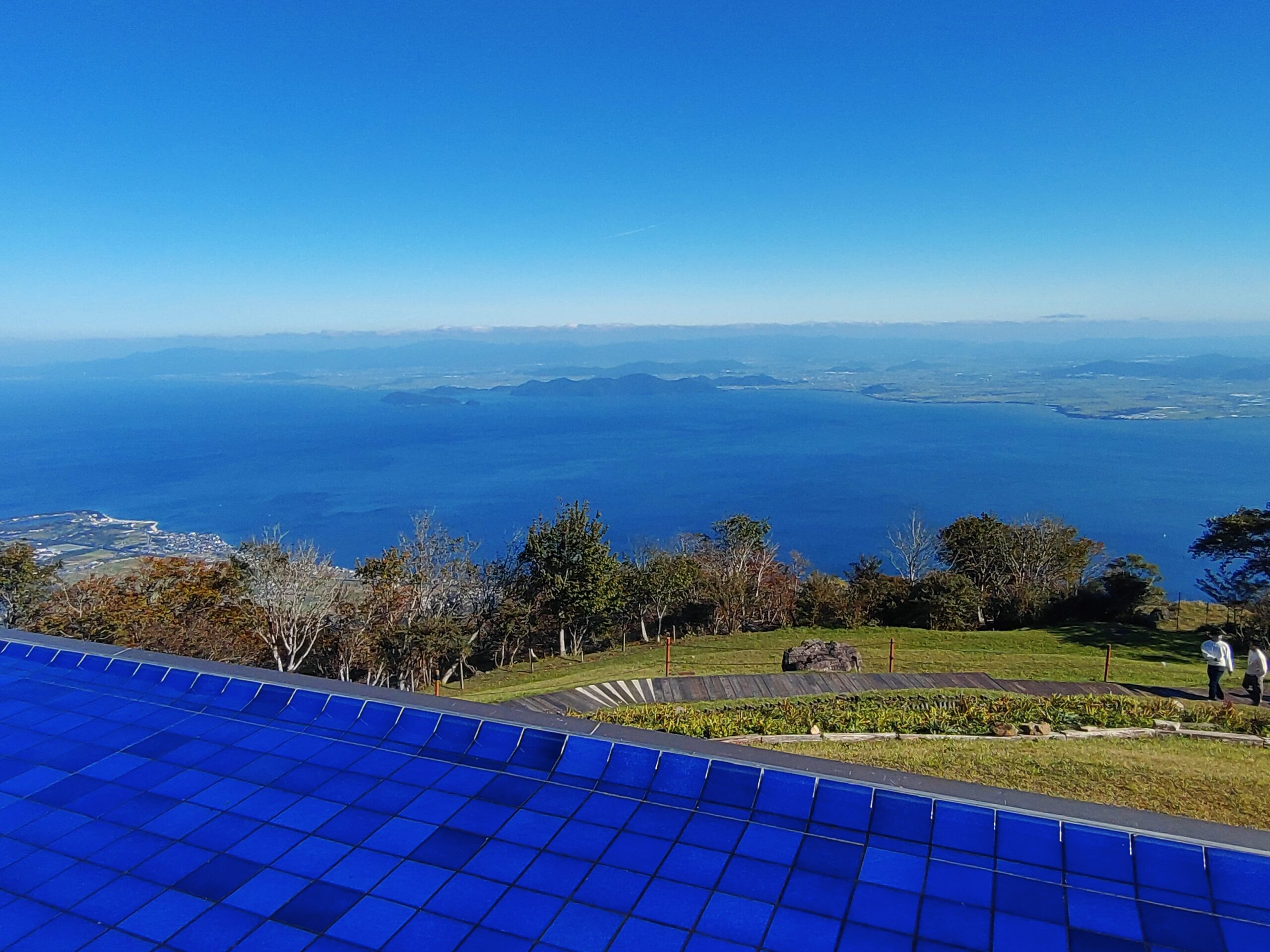 Panoramic view of Lake Biwa, Japan's largest lake, seen from Biwako Terrace in Shiga Prefecture.