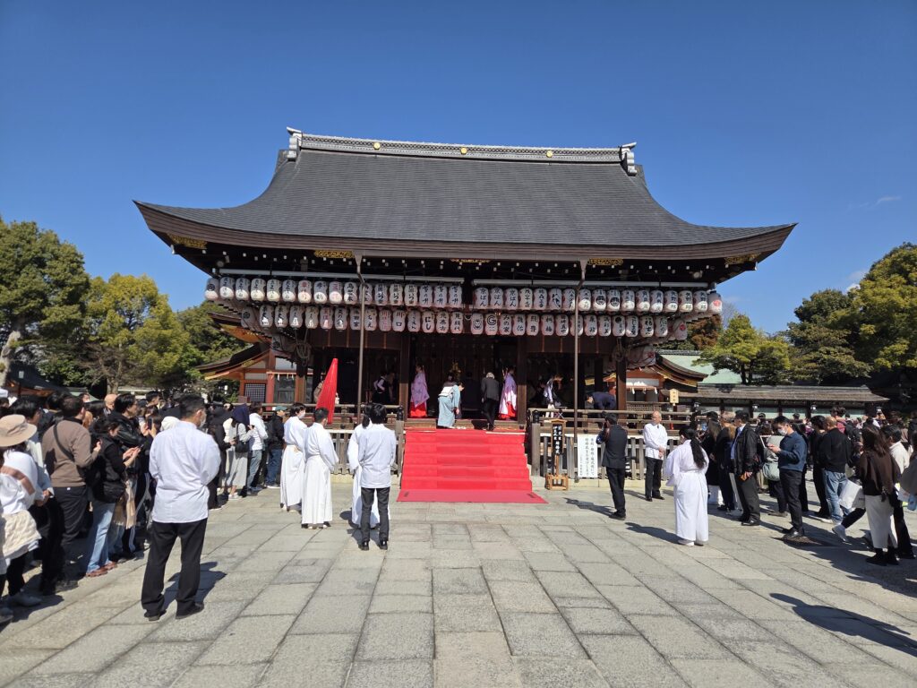 The main hall of Yasaka Shrine in Kyoto's Gion district, famous as the home of the Gion Matsuri festival.